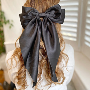 QueenMee Black Satin Hair Bow Black Hair Clip Long Bow