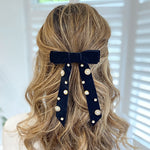 Load image into Gallery viewer, QueenMee Black Velvet Bow Hair Clip with Jewels
