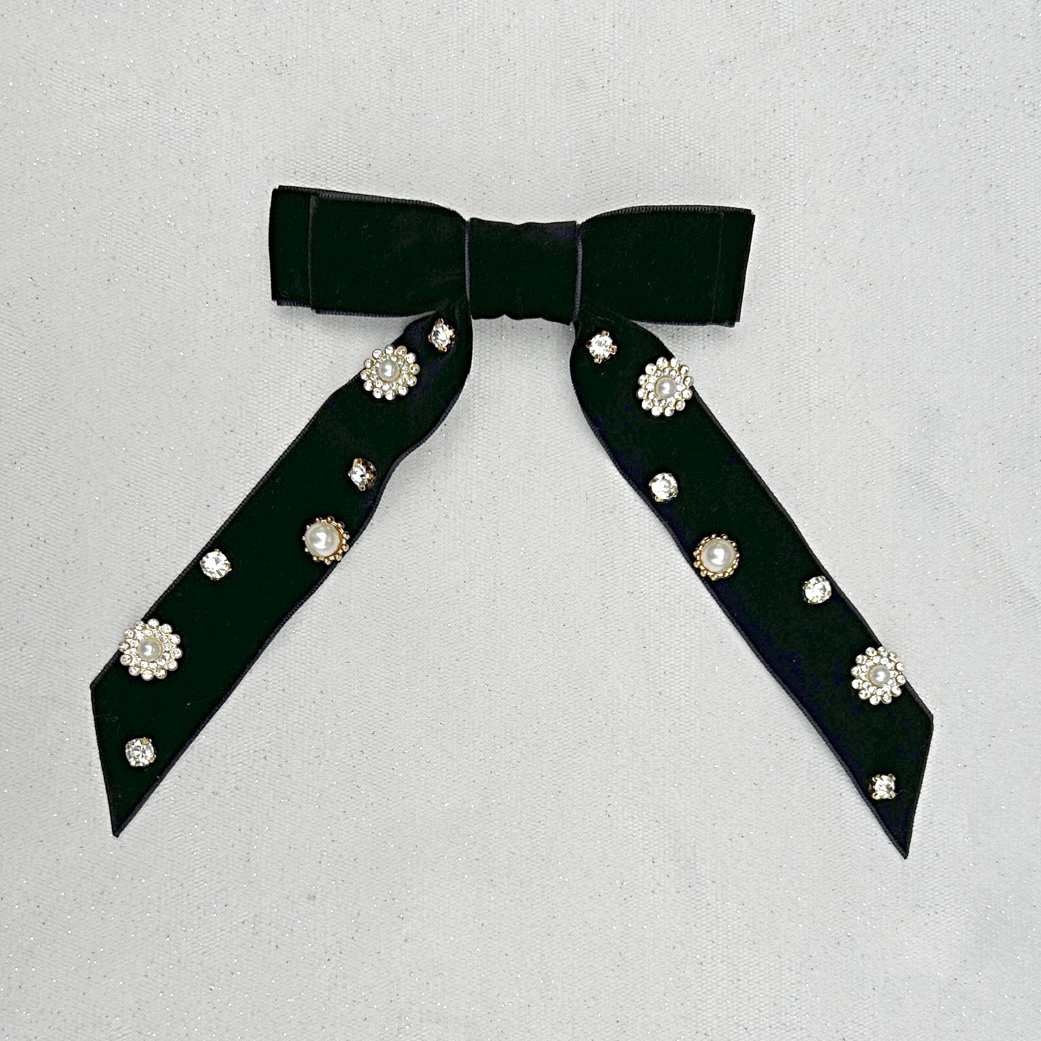 QueenMee Black Velvet Bow Hair Clip with Jewels