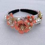 Load image into Gallery viewer, QueenMee Flower Headband Coral with Pearls Floral Headpiece Hair Band
