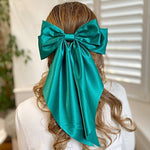 Load image into Gallery viewer, QueenMee Green Satin Hair Bow Green Hair Clip Long Bow
