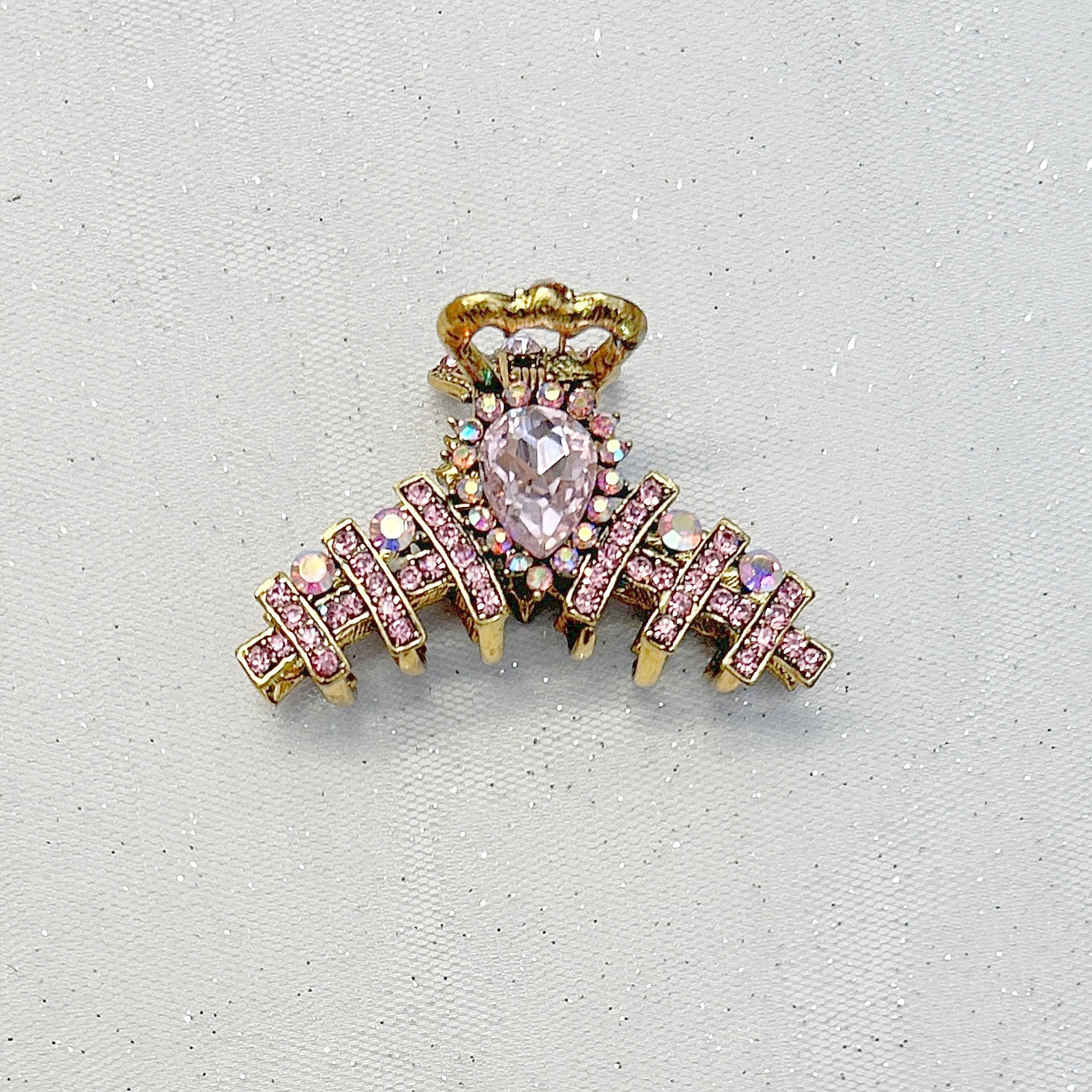 QueenMee Hair Clamp in Pink Hair Claw Clip with Crystal Gold