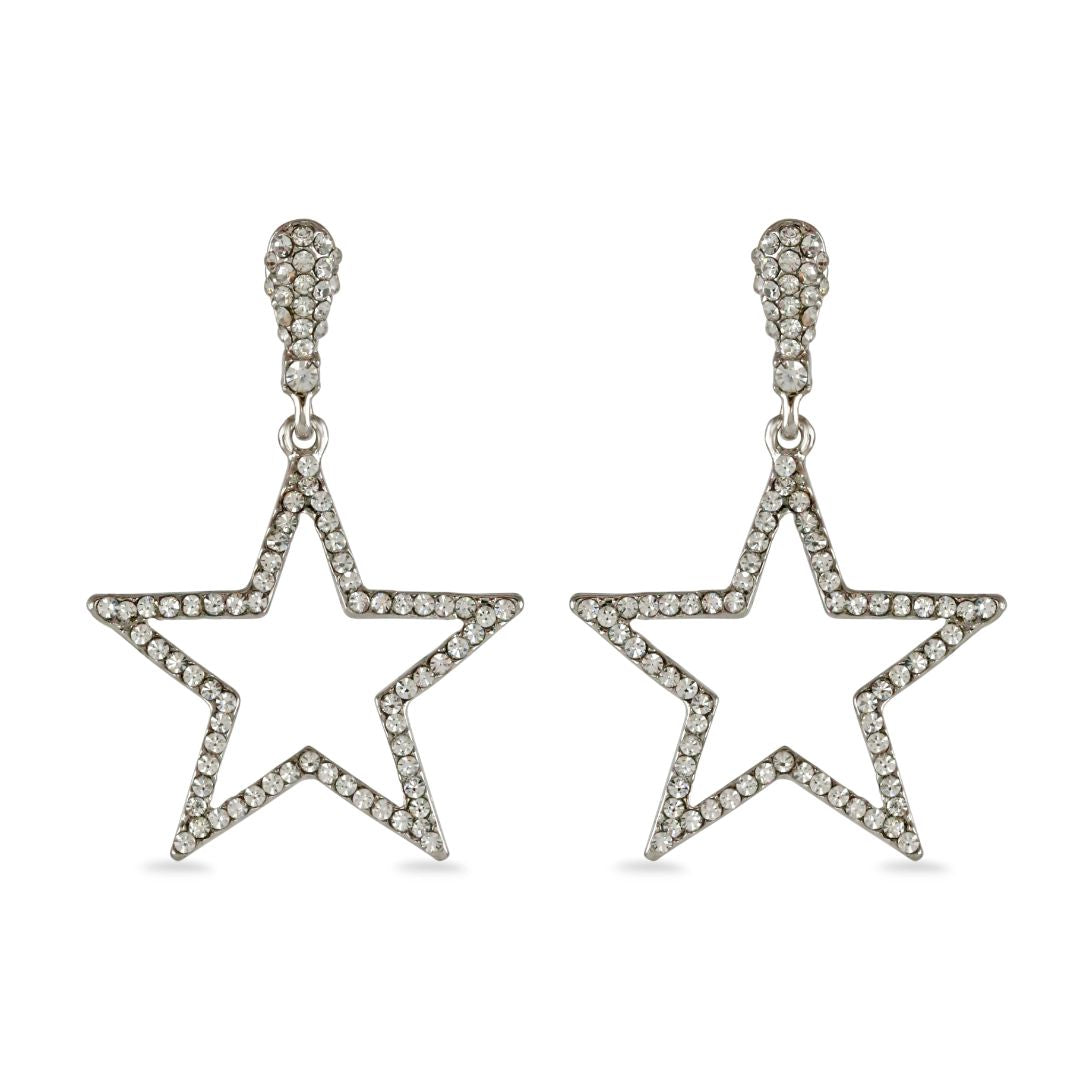 loveRocks Crystal Star Outline Earrings Silver Tone