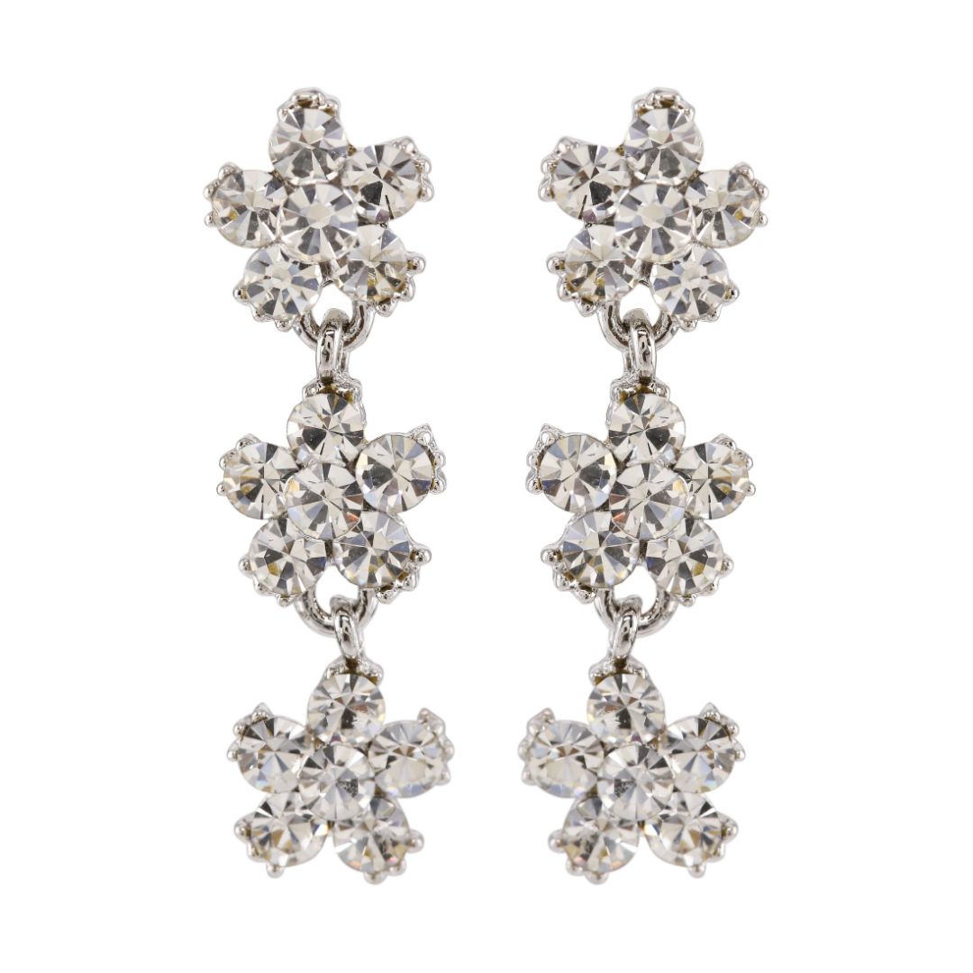 LoveRocks Crystal Daisy 3 Drop Earrings Silver Tone