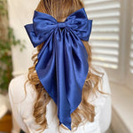 Load image into Gallery viewer, QueenMee Navy Satin Hair Bow Navy Hair Clip Long Bow
