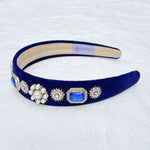 Load image into Gallery viewer, QueenMee Navy Blue Headband Velvet Hair Band Blue Pearl Headband
