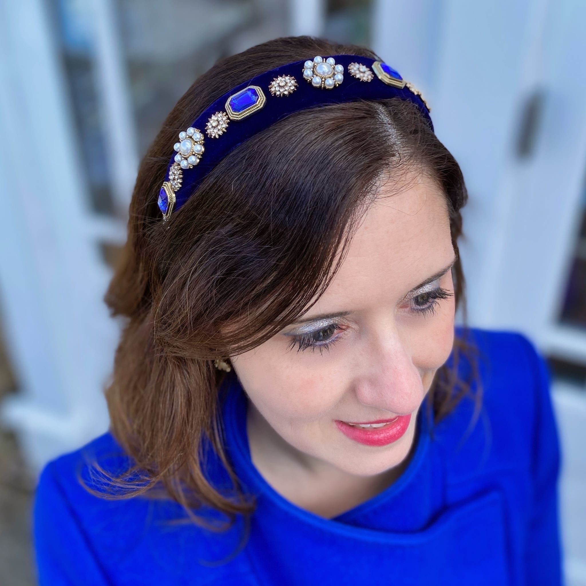 QueenMee Navy Blue Headband Velvet Hair Band Blue Pearl Headband