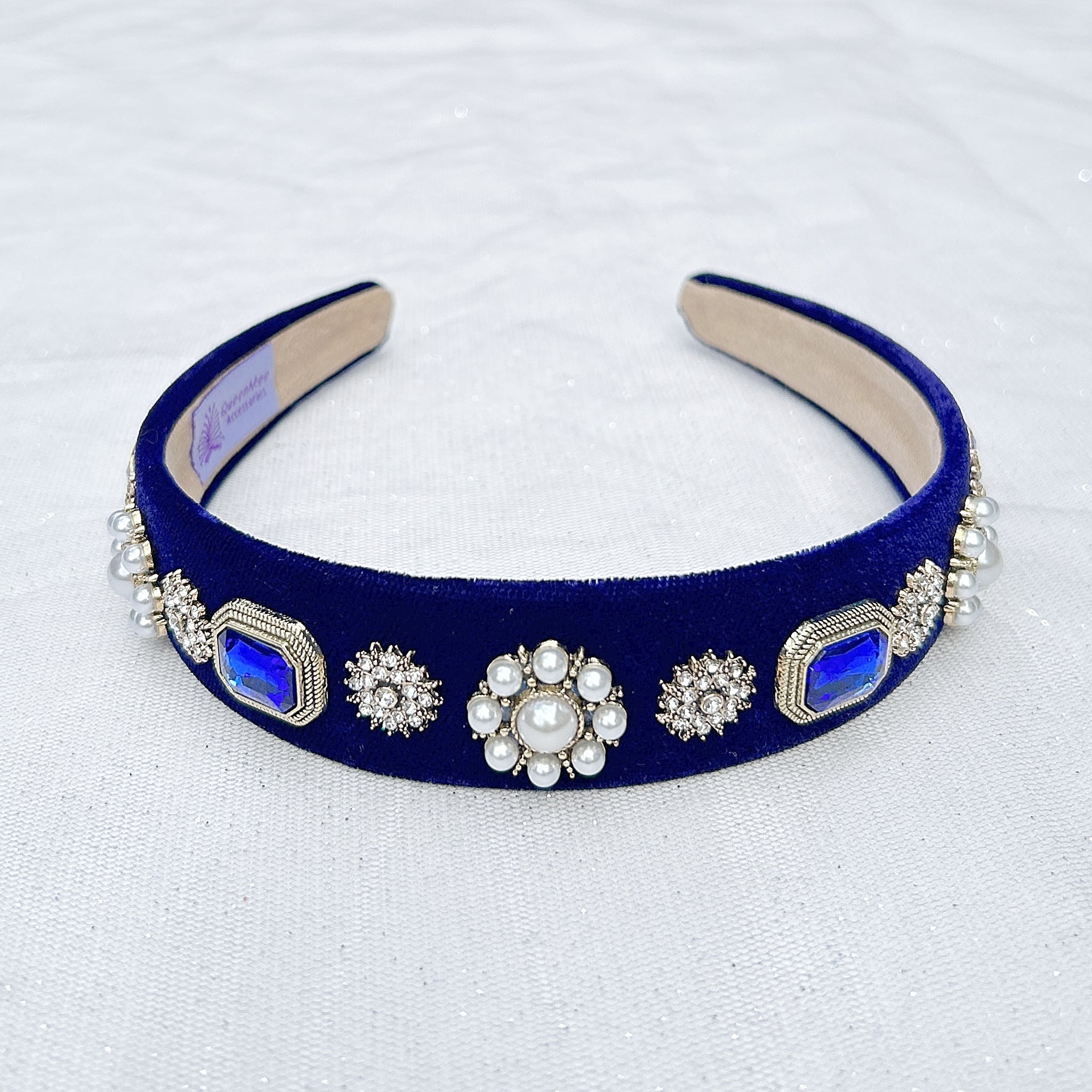 QueenMee Navy Blue Headband Velvet Hair Band Blue Pearl Headband