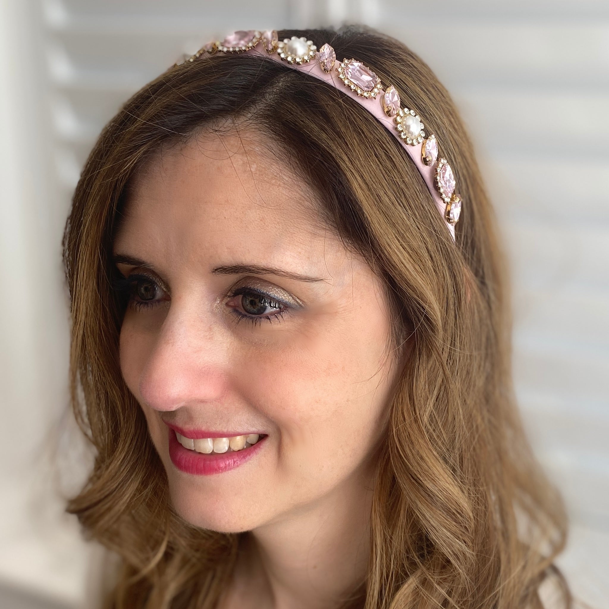 QueenMee Pink Jewelled Headband Slim Hair Band Vintage