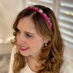 Load image into Gallery viewer, QueenMee Pink Headband Fuchsia Hair Band Thin Hair Band with Pearls and Jewels
