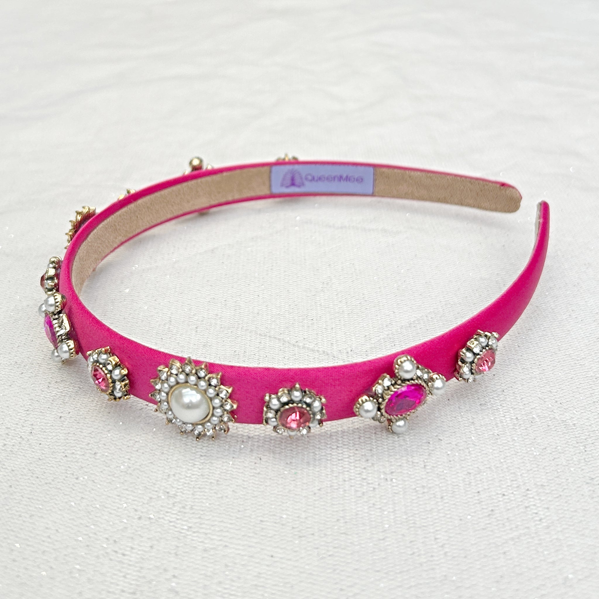 QueenMee Pink Headband Fuchsia Hair Band Thin Hair Band with Pearls and Jewels