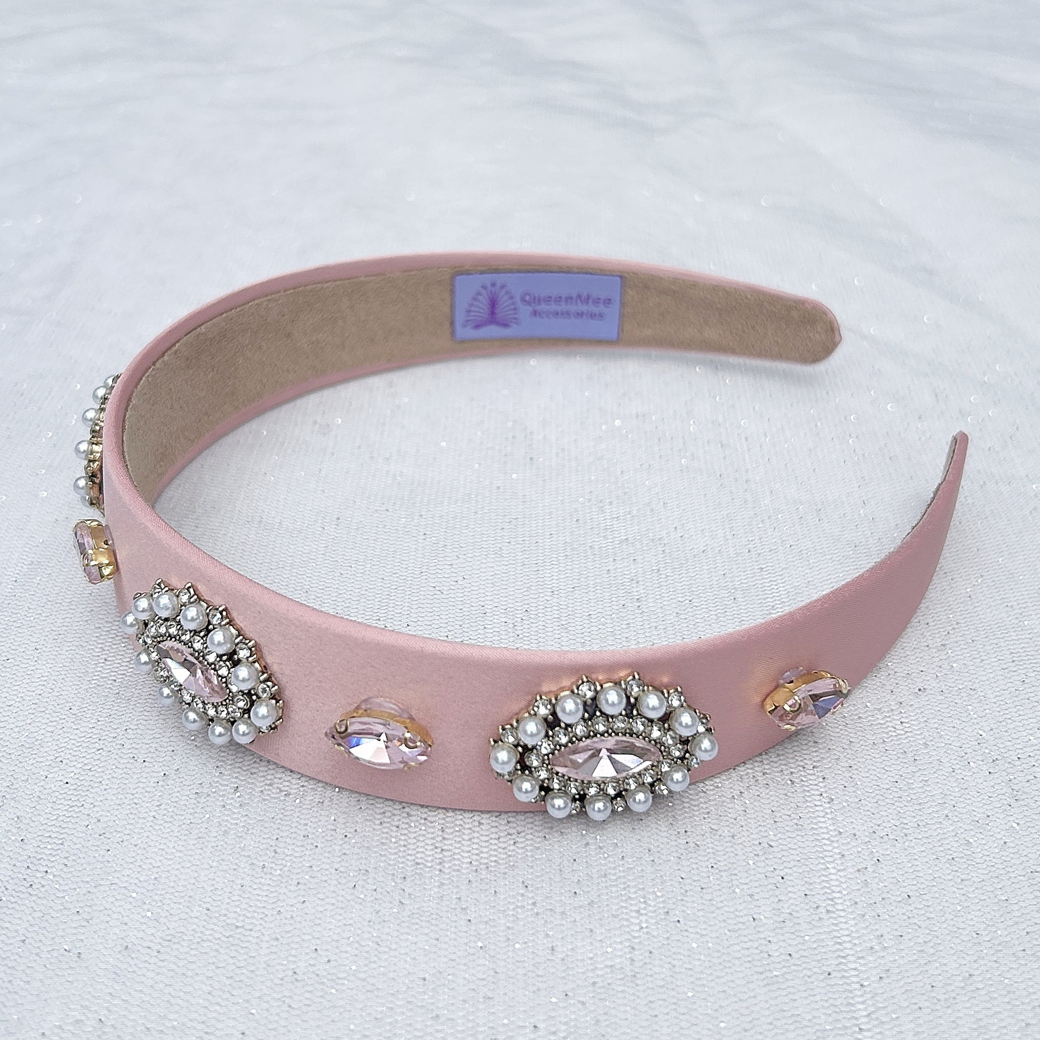 QueenMee Pink Headband with Pearls Pink Hair Band Jewelled Headband