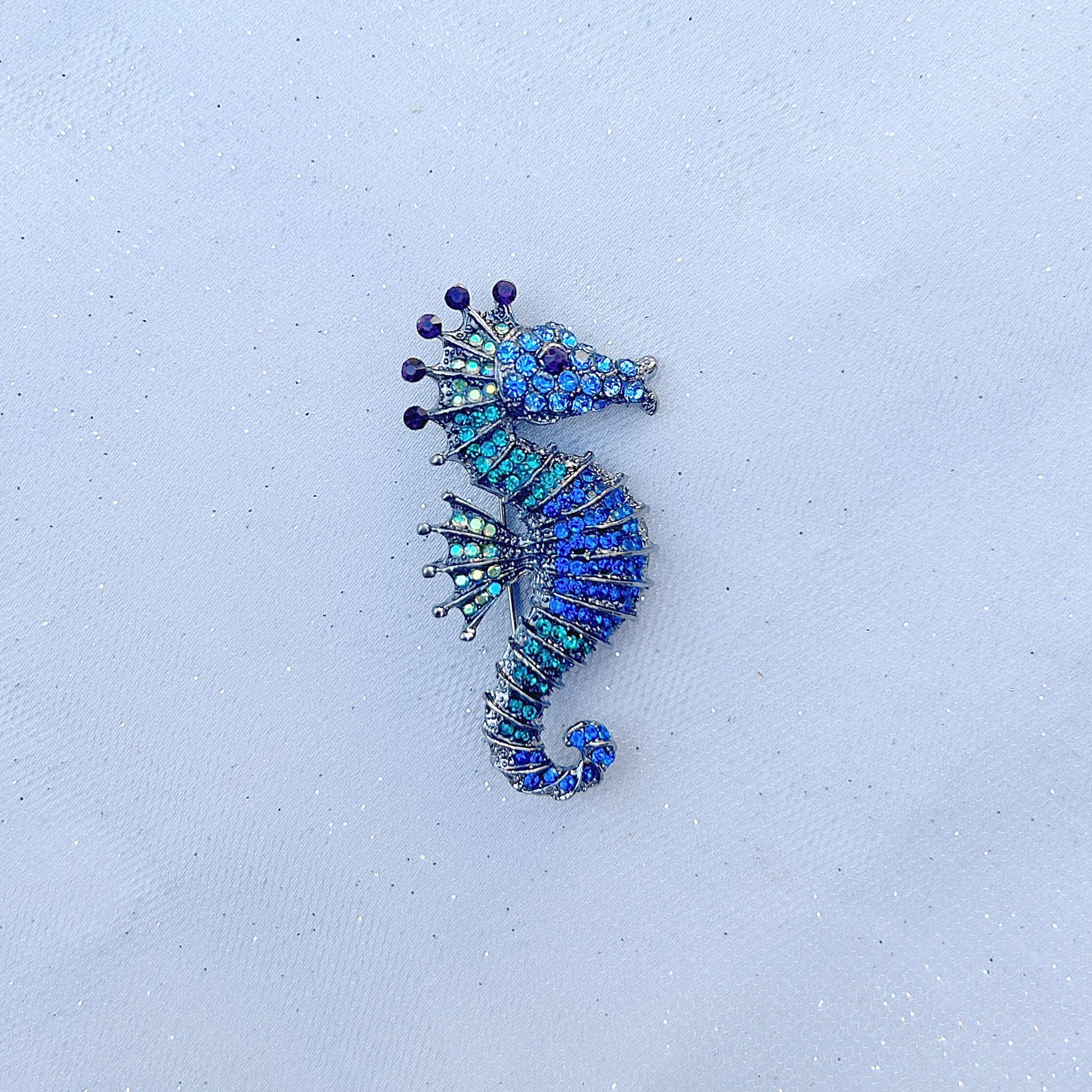 QueenMee Seahorse Brooch Sea Horse Pin Blue Brooch Crystal Brooch