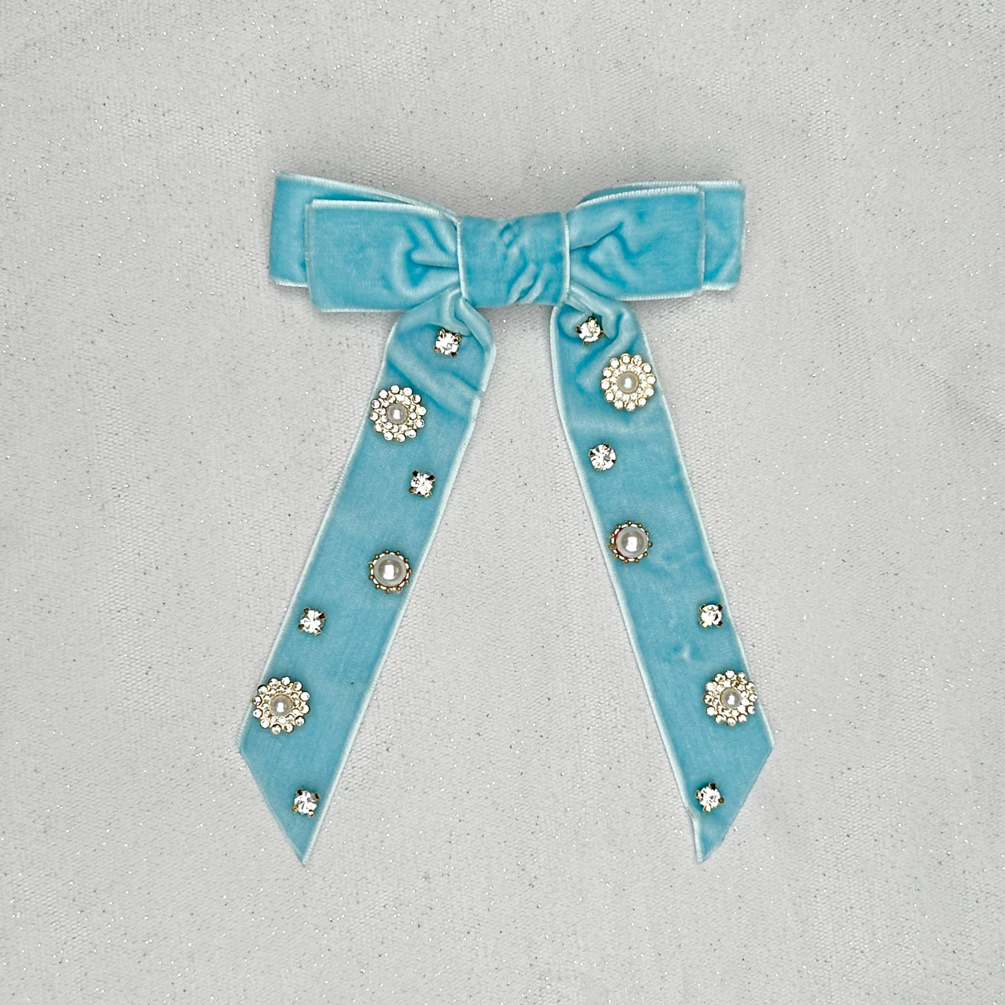 QueenMee Velvet Bow Hair Clip in Light Blue with Jewels