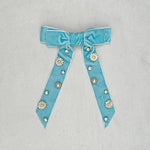 Load image into Gallery viewer, QueenMee Velvet Bow Hair Clip in Light Blue with Jewels
