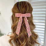 Load image into Gallery viewer, QueenMee Velvet Bow Hair Clip in Pink with Jewels
