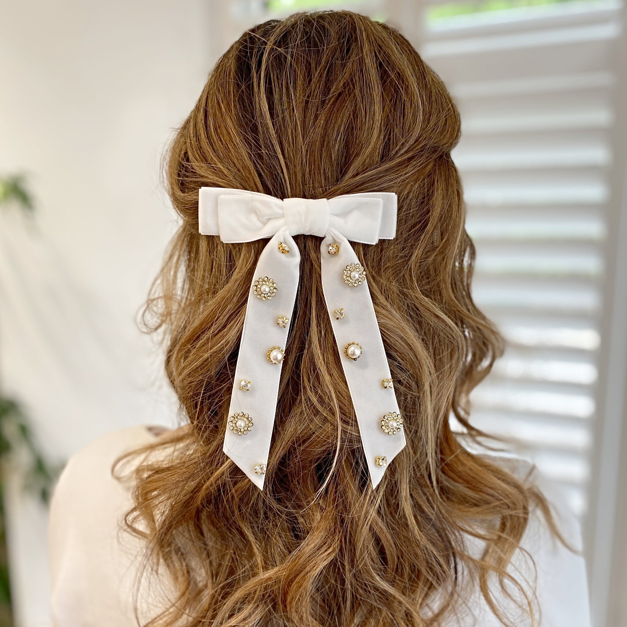 QueenMee Velvet Bow Hair Clip in White with Jewels