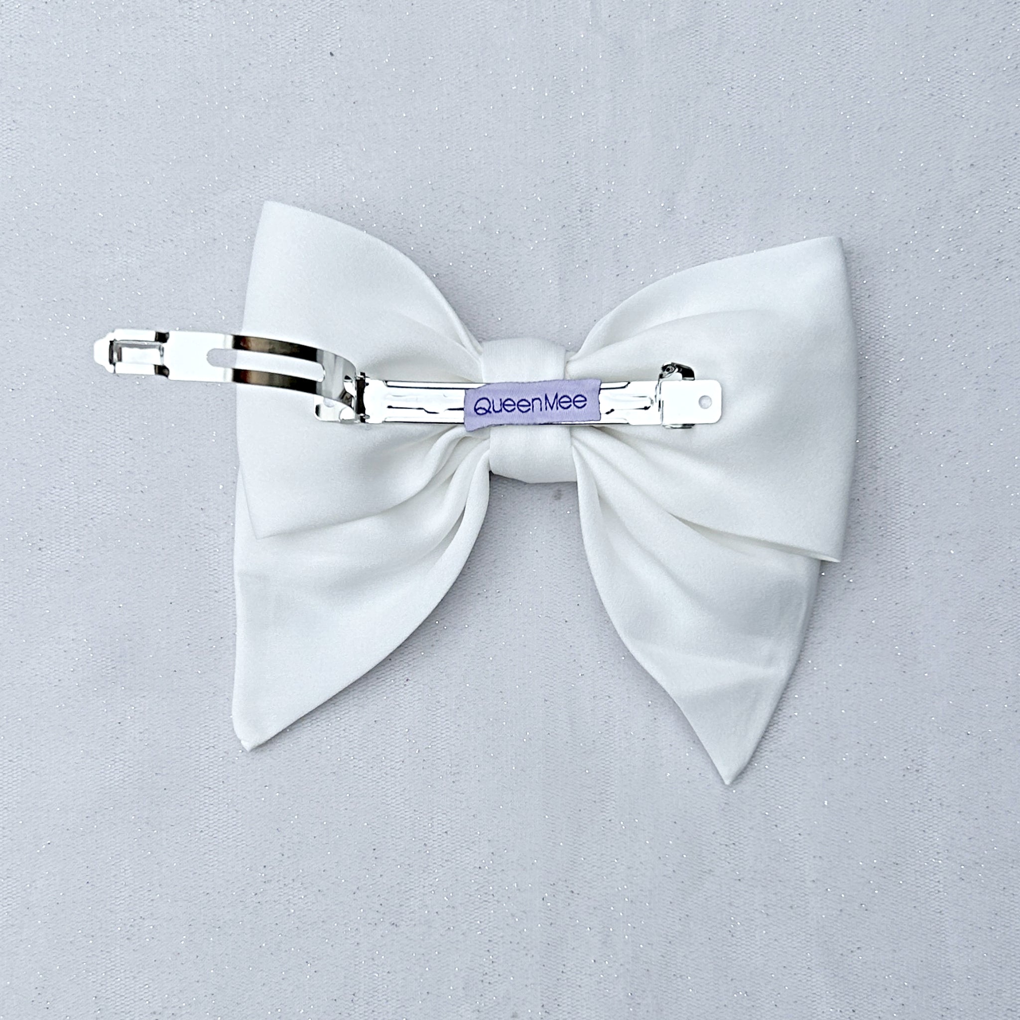 QueenMee White Satin Hair Bow White Hair Clip