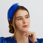 Load image into Gallery viewer, QueenMee Blue Fascinator Headband Cobalt Blue with Feathers
