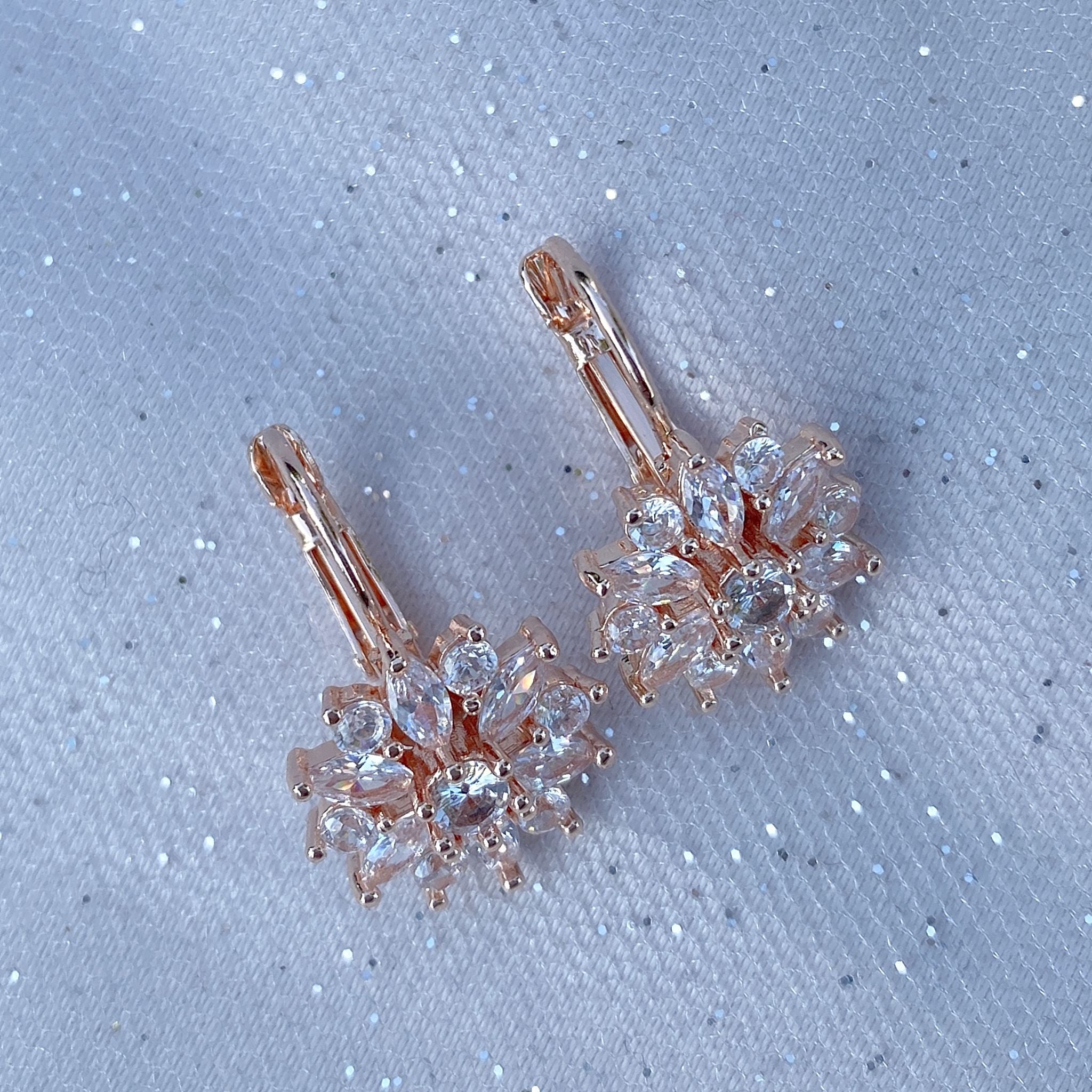 QueenMee Diamante Earrings Floral Earrings in Gold Silver or Rose Gold