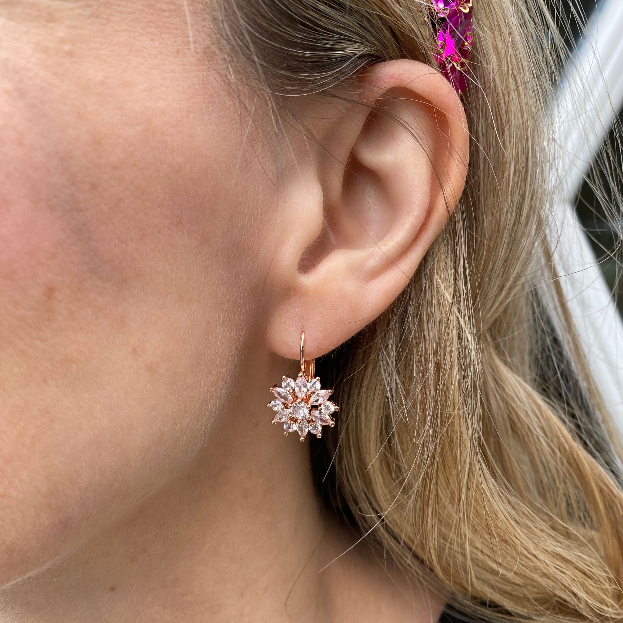 QueenMee Diamante Earrings Floral Earrings in Gold Silver or Rose Gold