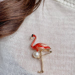 Load image into Gallery viewer, QueenMee Flamingo Brooch in Enamel with Pearl
