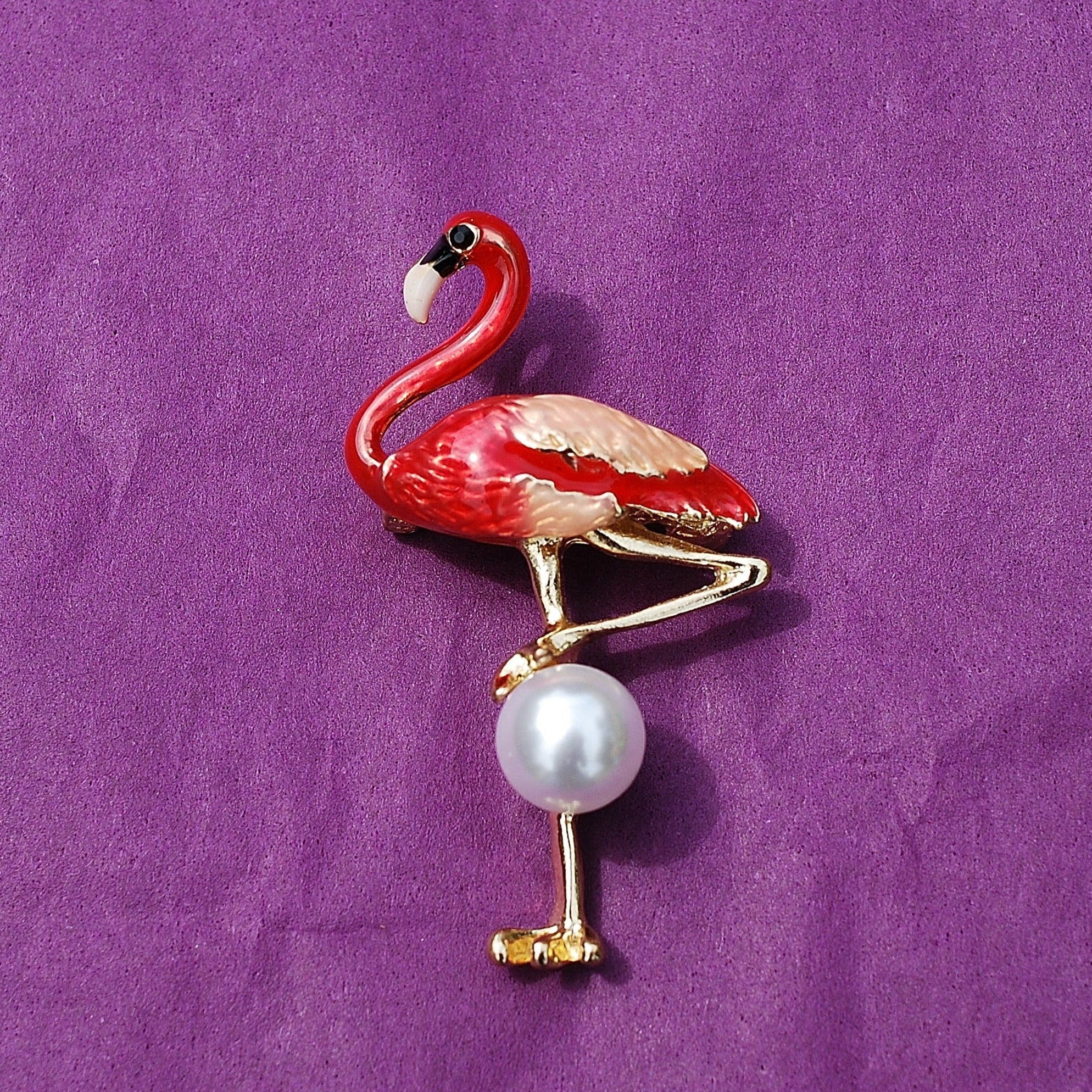 QueenMee Flamingo Brooch in Enamel with Pearl