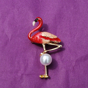 QueenMee Flamingo Brooch in Enamel with Pearl