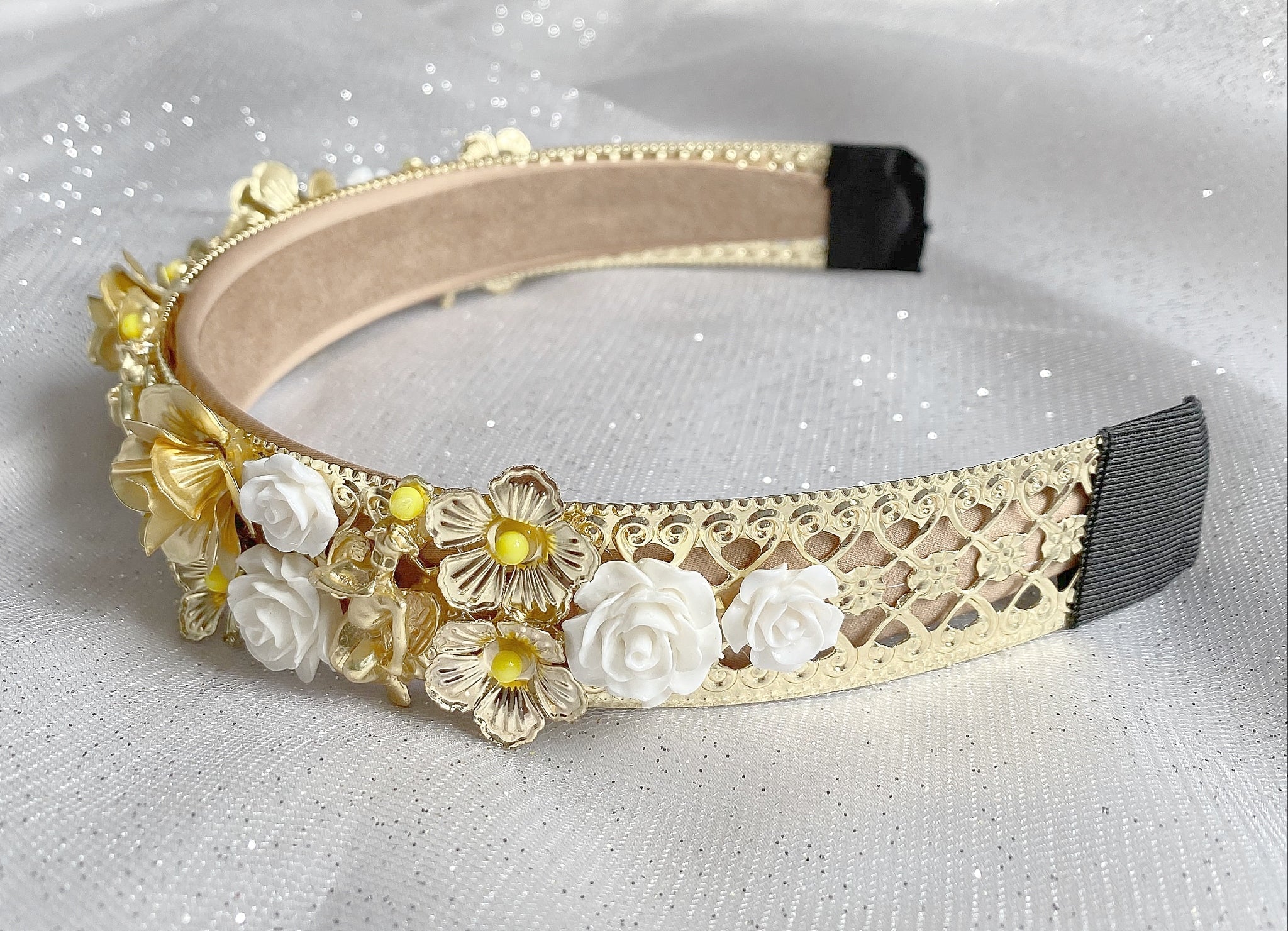 QueenMee Gold Headpiece with Flowers and Cherubs