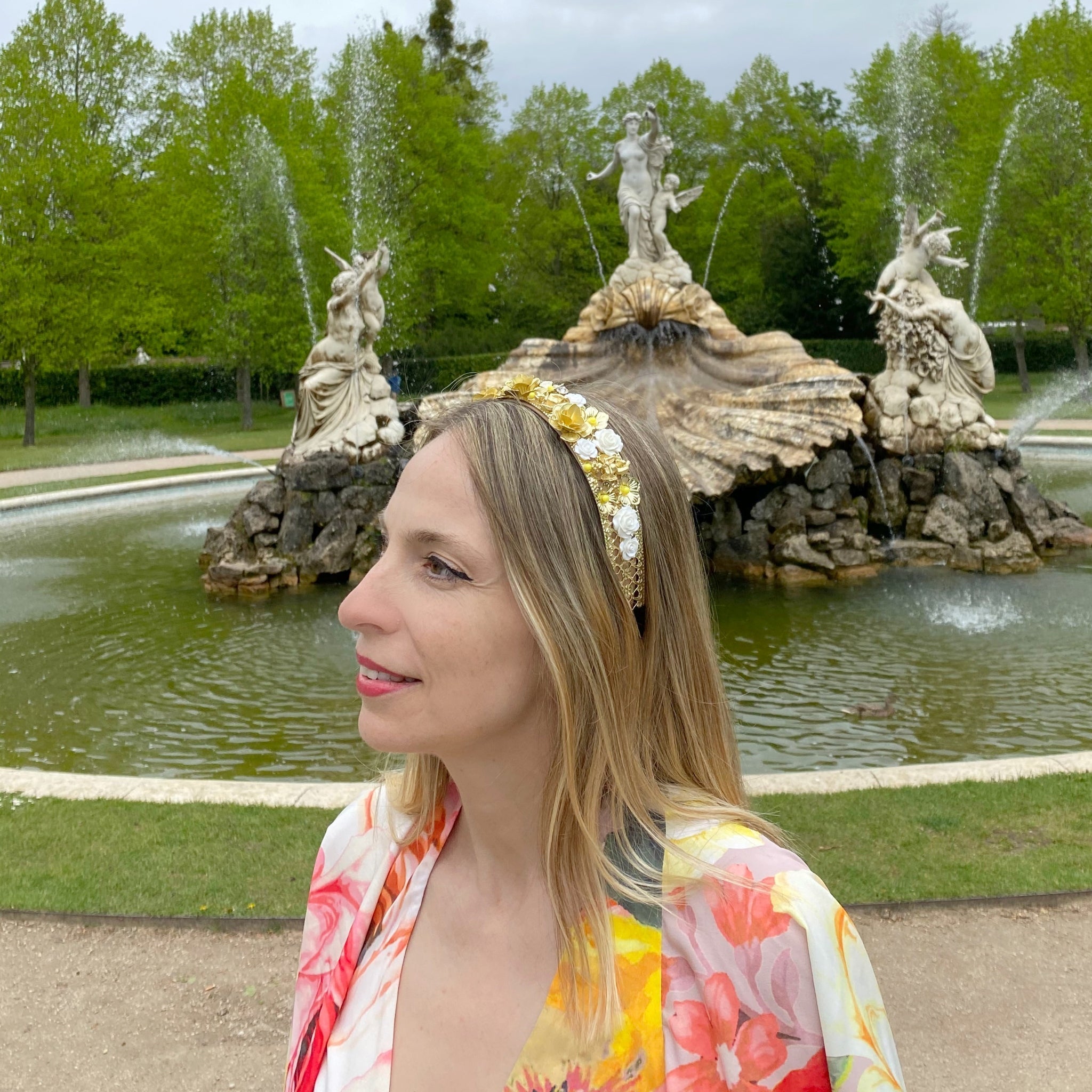 QueenMee Gold Headpiece with Flowers and Cherubs