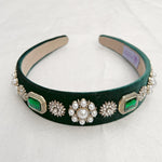 Load image into Gallery viewer, QueenMee Green Velvet Headband with Pearls Wedding Guest Hair Band
