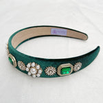 Load image into Gallery viewer, QueenMee Green Velvet Headband with Pearls Wedding Guest Hair Band
