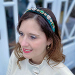 Load image into Gallery viewer, QueenMee Green Velvet Headband with Pearls Wedding Guest Hair Band
