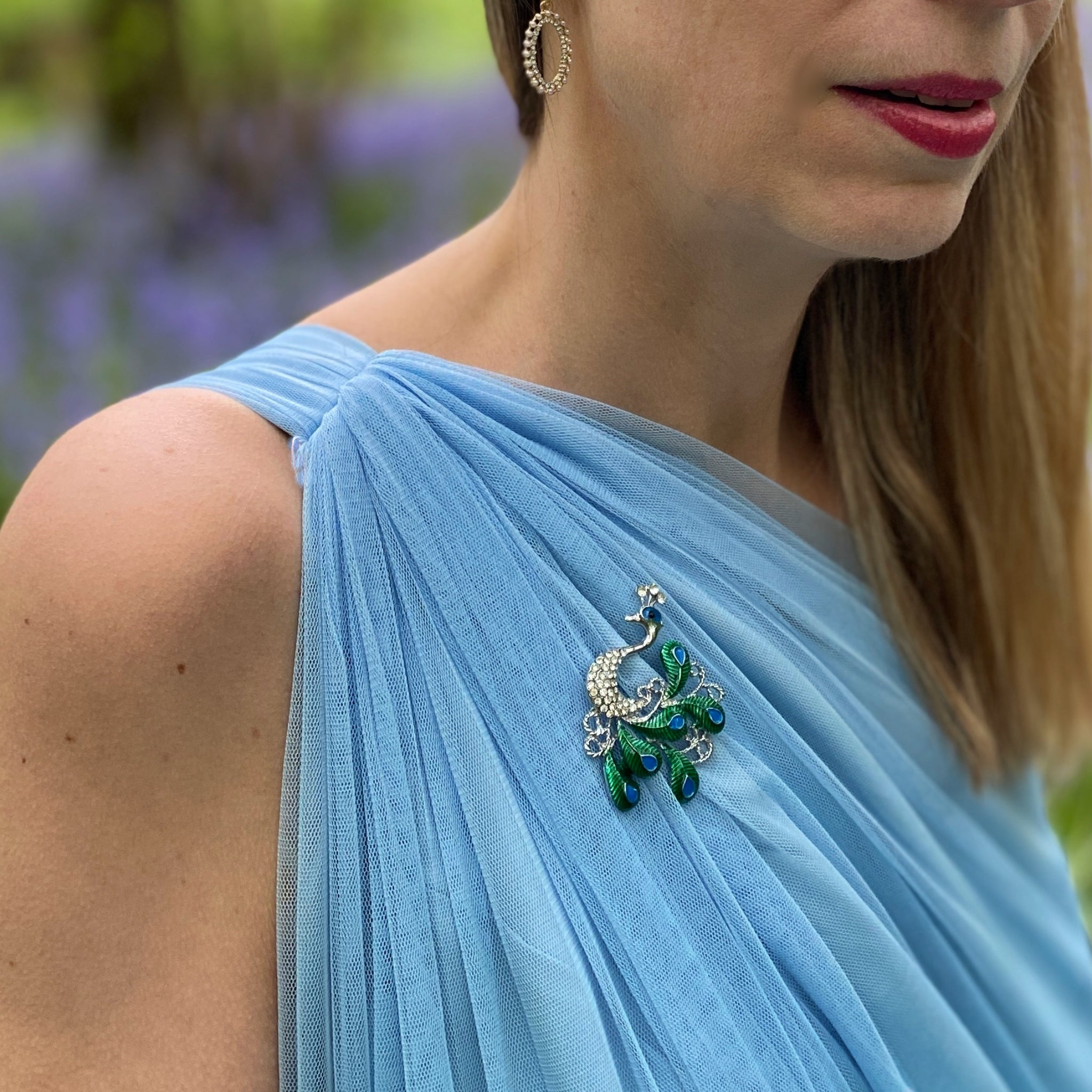 QueenMee Peacock Brooch with Enamel and Crystal