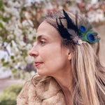 Load image into Gallery viewer, QueenMee Peacock Feather Fascinator with Diamante
