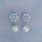 Load image into Gallery viewer, QueenMee Pearl Drop Earrings in Silver Floral Diamante
