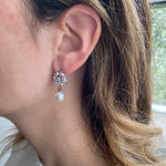 Load image into Gallery viewer, QueenMee Pearl Drop Earrings in Silver Floral Diamante
