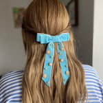 Load image into Gallery viewer, QueenMee Velvet Bow Hair Clip in Light Blue with Jewels
