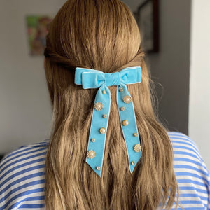 QueenMee Velvet Bow Hair Clip in Light Blue with Jewels